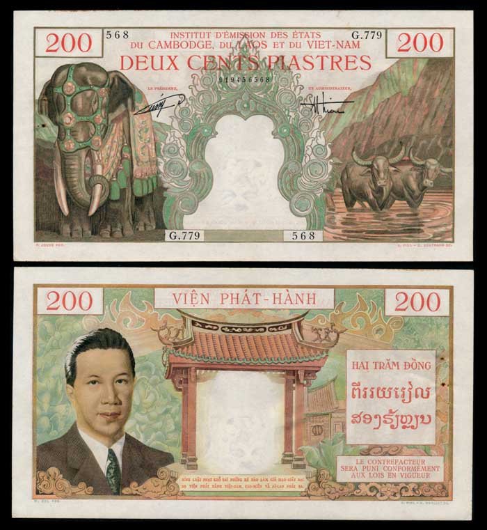 French Indo-China 200 Piastres 1953 AEF: French Indo-China 200 Piastres = 200 Dong, ND (1953), Vietnam issue, (P.109), serial no. 568 G.779, stains, ageing, rusty phs., AEF.