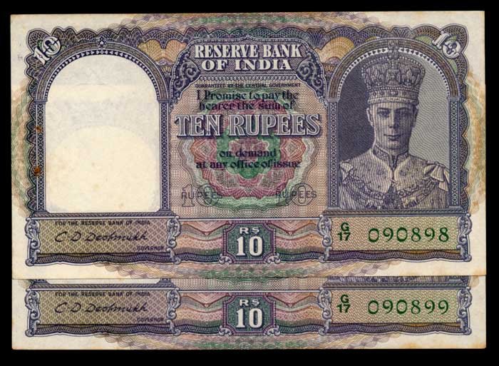 India Reserve 2x10 Rupees 1943 KGVI AU (1 of 1)