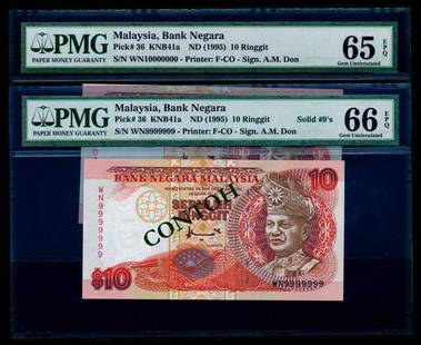 Malaysia $10 1995-98 WN 9999999 WN 10000000: Malaysia $10, (1995-98), 7th series, sign. Ahmad Md. Don, Francois Charles Oberthur, (KNB.41a), serial no. WN 9999999 (solid 9s) graded PMG Gem UNC66EPQ, serial no. WN 10000000 (10 Million serial