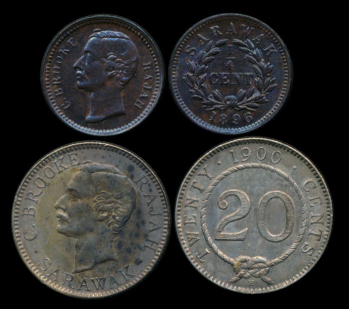 Sarawak C Brooke 1/4c 1896H 20c 1900H: Sarawak C. Brooke, Quarter Cent, (KM.4), 1896H; 20 Cents, (KM.10), 1900H, toned; hairlines, GEF-AU. (2)