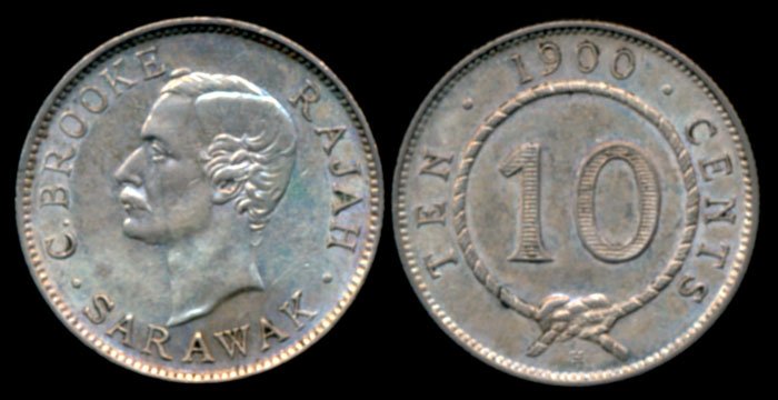 Sarawak C Brooke 10c 1900H EF-AU: Sarawak C. Brooke, 10 Cents, (KM.9), 1900H, hairlines, EF-AU.