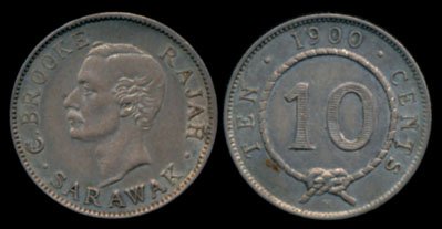 Sarawak C Brooke 10c 1900H GVF-EF: Sarawak C. Brooke, 10 Cents, (KM.9), 1900H, hairlines, GVF-EF.