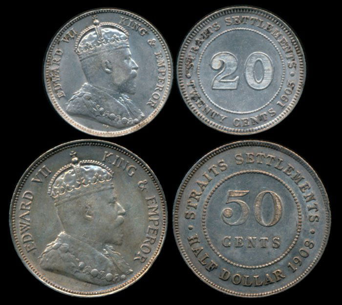 Straits Settlements KEVII 20c 1903 50c 1908 (1 of 1)