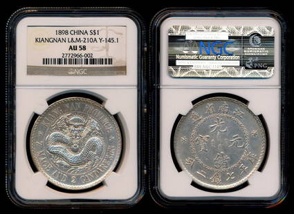 China Empire Kiangnan $1 1898 NGC AU58: China Empire, Kiangnan Province, Dollar, (Y.145.1; L&M-210A), 1898, NGC AU58.