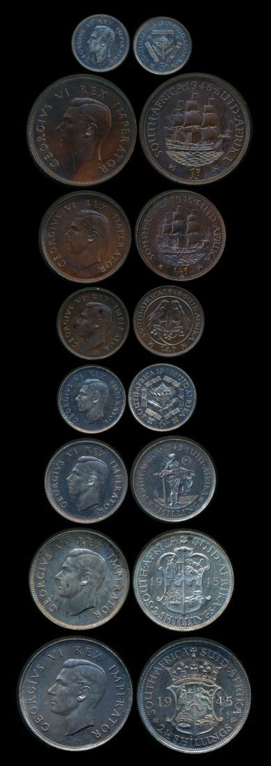 South Africa KGVI 1945 1/4Penny-2-1/2Shilling: South Africa George VI, proof set, 1945, 1/4 Penny (Farthing) to 2-1/2 Shillings, (KM.PS17), practically as struck, in case of issue. (8)