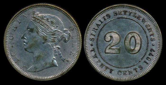 Straits Settlements QV 20c 1877 EF (1 of 1)