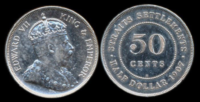 Straits Settlements KEVII 50c 1907H EF (1 of 1)