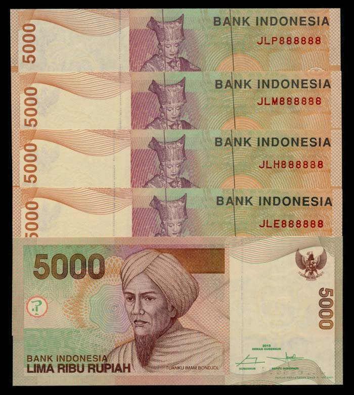 Indonesia 5x5000 Rupiah 2001 888888: Indonesia Bank Indonesia, 5000 Rupiah, 2001, prefixes JLD, JLE, JLH, JLM, JLP all same serial no. 888888, generally AU. (5)