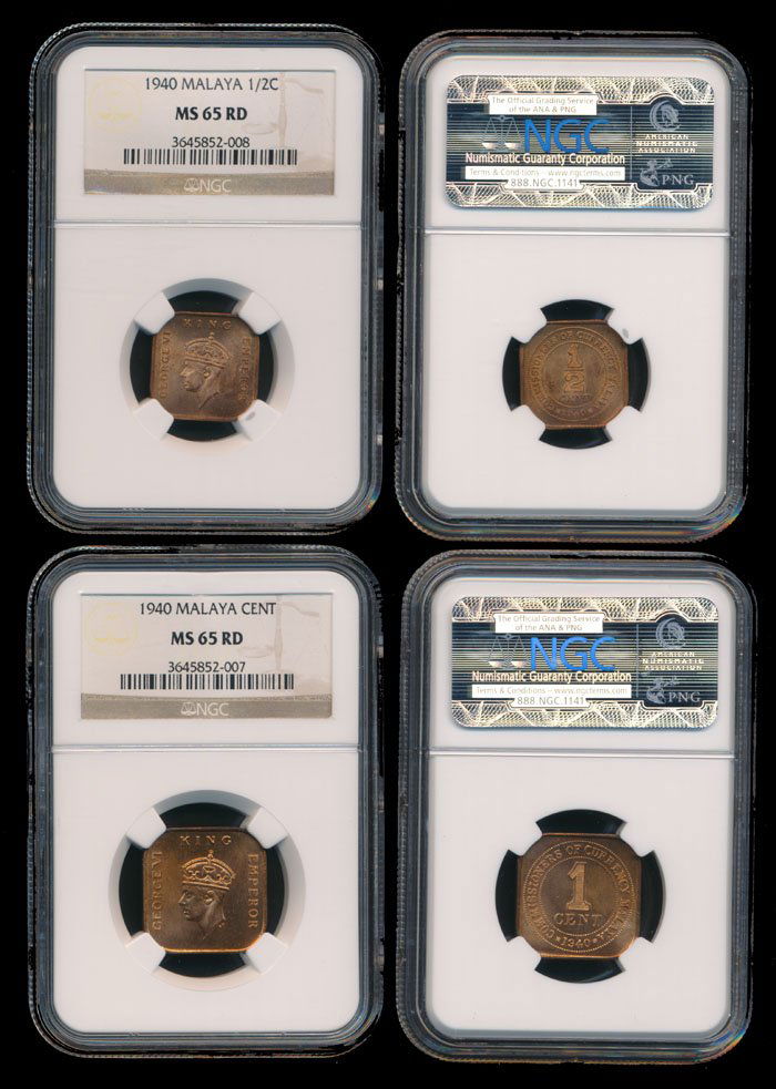 Malaya KGVI 1/2c 1c 1940 NGC MS65RD (1 of 1)