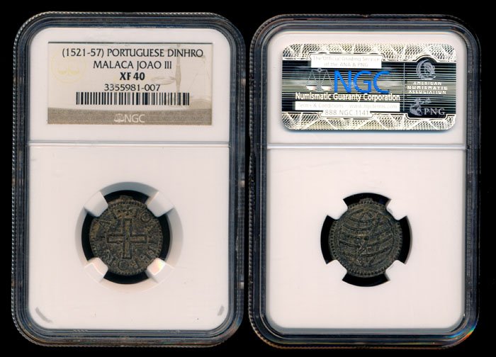Malaysia Portuguese Malacca Dinheiro 1521-57: Malaysia Portuguese Malacca, Dom Joao III, Dinheiro, (1521-57), NGC XF40.