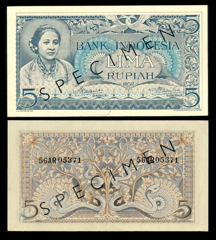 Indonesia 5 Rupiah 1952 specimen AU: Indonesia Bank Indonesia, 5 Rupiah, 1952, specimen, (P.42), serial no. 5GAR05371, "SPECIMEN" ovpts., ageing, AU.