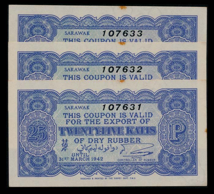Sarawak Rubber Export Coupons 3x25Katis 1942 (1 of 1)