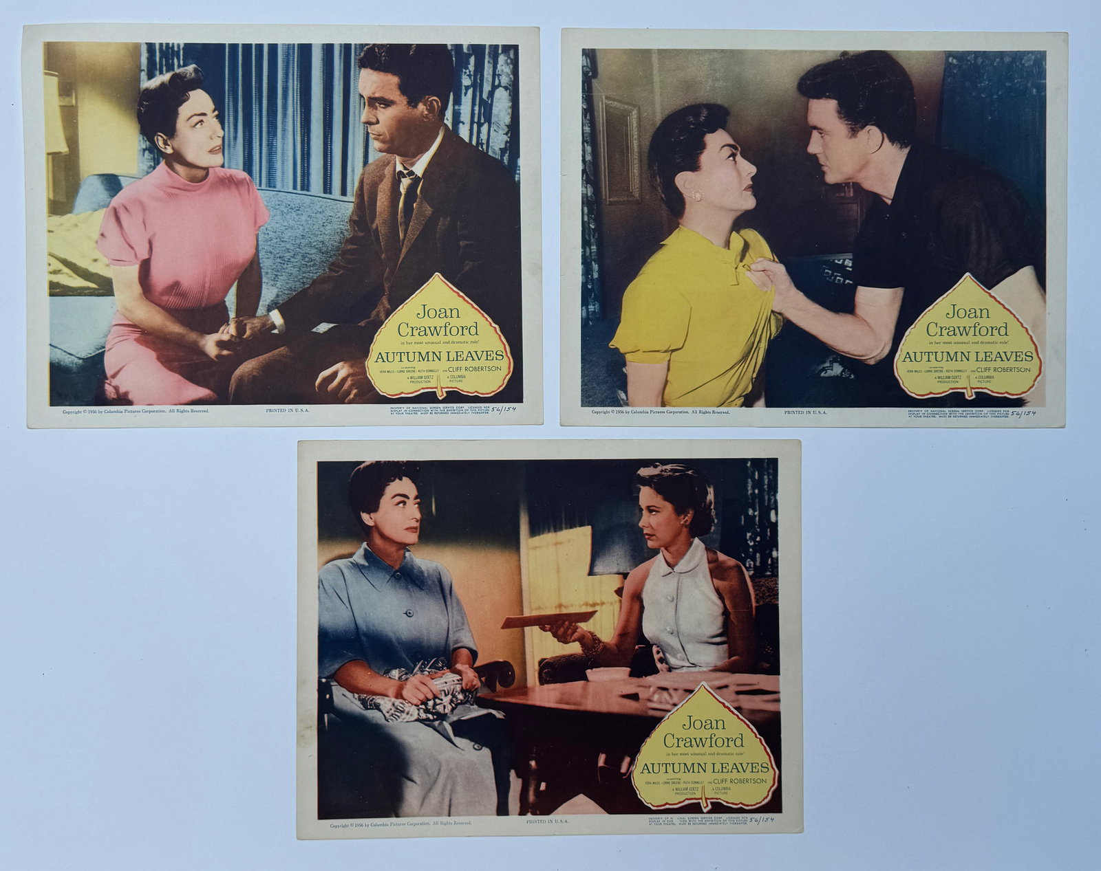 Autumn Leaves - 1956 Lobby Card Set of 3 Vintage Joan Crawford Film 11x14 (1 of 5)
