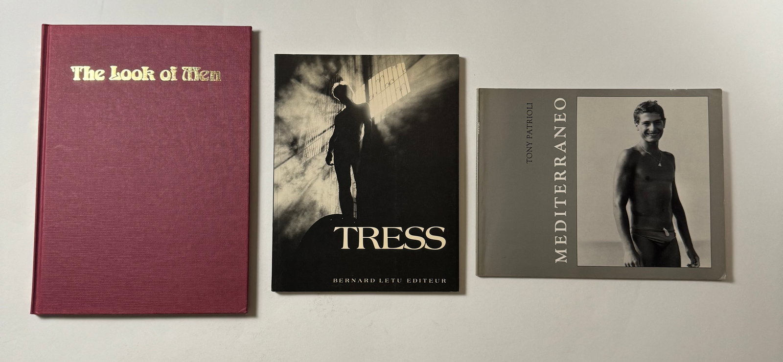 The Look of Men, Tress by Bernard Letu, Mediterraneo by Tony Patrioli Lot of 3 Gay Interest Books: The Look of Men by Victor Arimondi features a collection of black and white, and colored photography of male models the late 20th century. Tress by Arthur Tress features his black and white staged, su