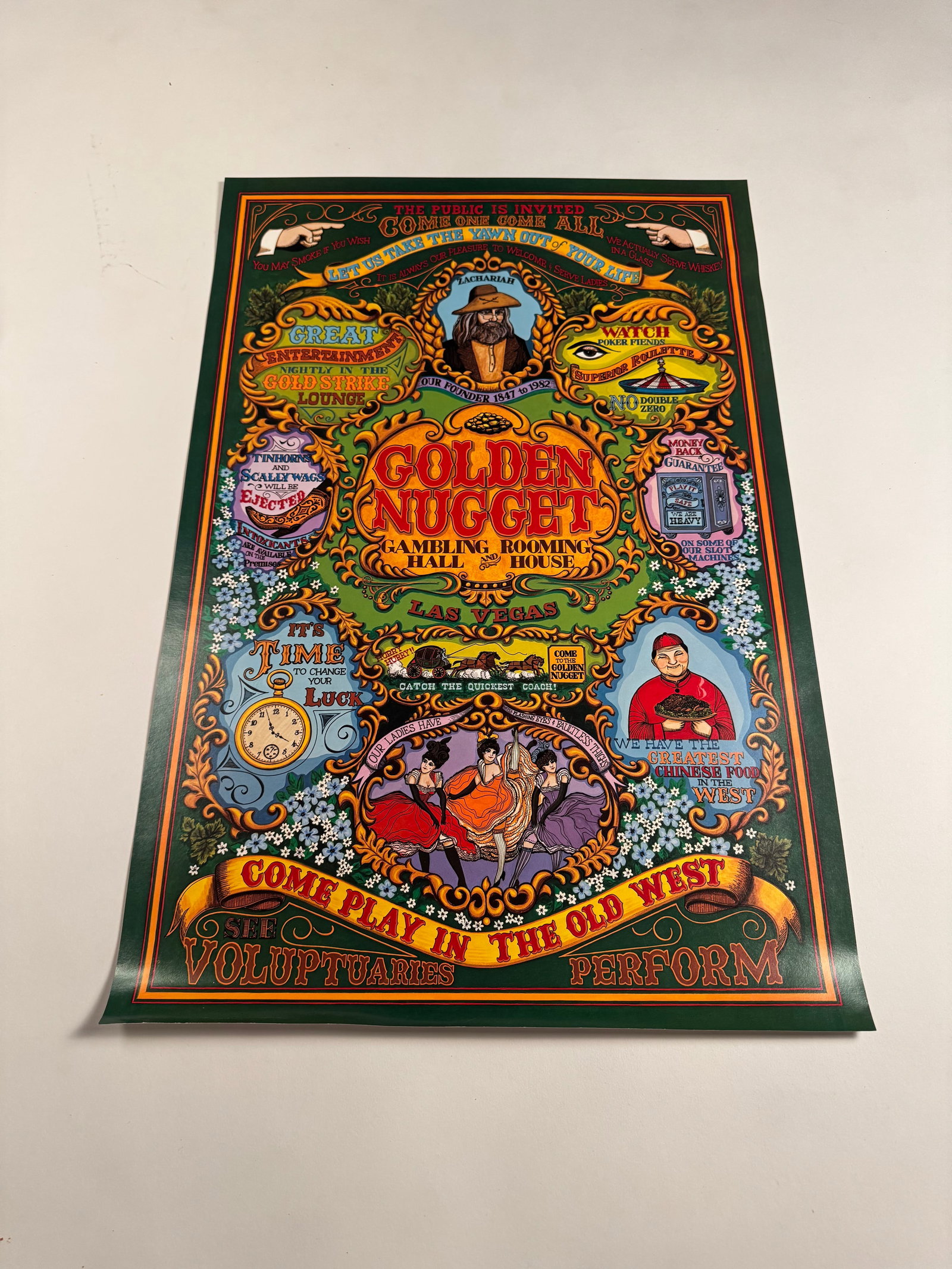 Golden Nugget Hotel & Casino in Las Vegas 1982 Unfolded Vintage Poster Founder Zachariah Promo 16x24: This vintage original poster was published in 1982 promoting the Golden Nugget Hotel & Casino in Las Vegas. The poster reads, 'The Public is Invited. Come One Come All. Let us Take the Yawn out of you