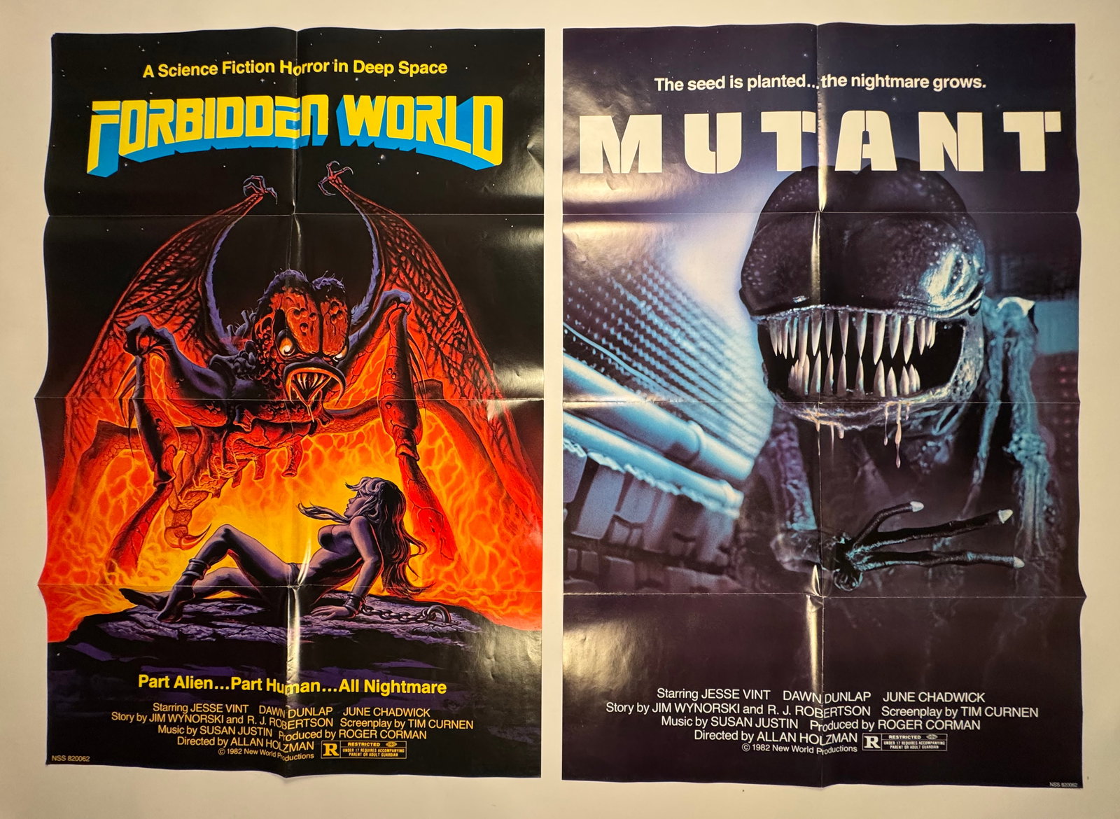 Lot of 2 Forbidden World aka Mutant 1982 Original 27x41 Vintage Movie Poster - Roger Corman: Forbidden World, originally titled Mutant, is a 1982 American science fiction erotic horror film. The cast includes Jesse Vint, Dawn Dunlap, June Chadwick, Linden Chiles, Fox Harris and Michael Bowen.