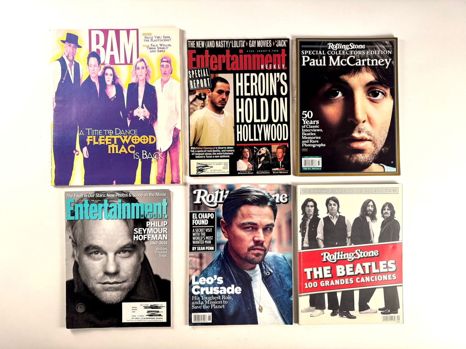 Lot of 6 Magazines - BAM, Entertainment Weekly Rolling Stone Paul Mcartney The Beatles: Lot of 6 Magazines including BAM with Fleetwood Mac, Entertainment Weekly with Philip Seymour Hoffman, Rolling Stone with Leonardo Dicaprio and Rolling Stone with Paul Mcartney and The Beatles (Spanis
