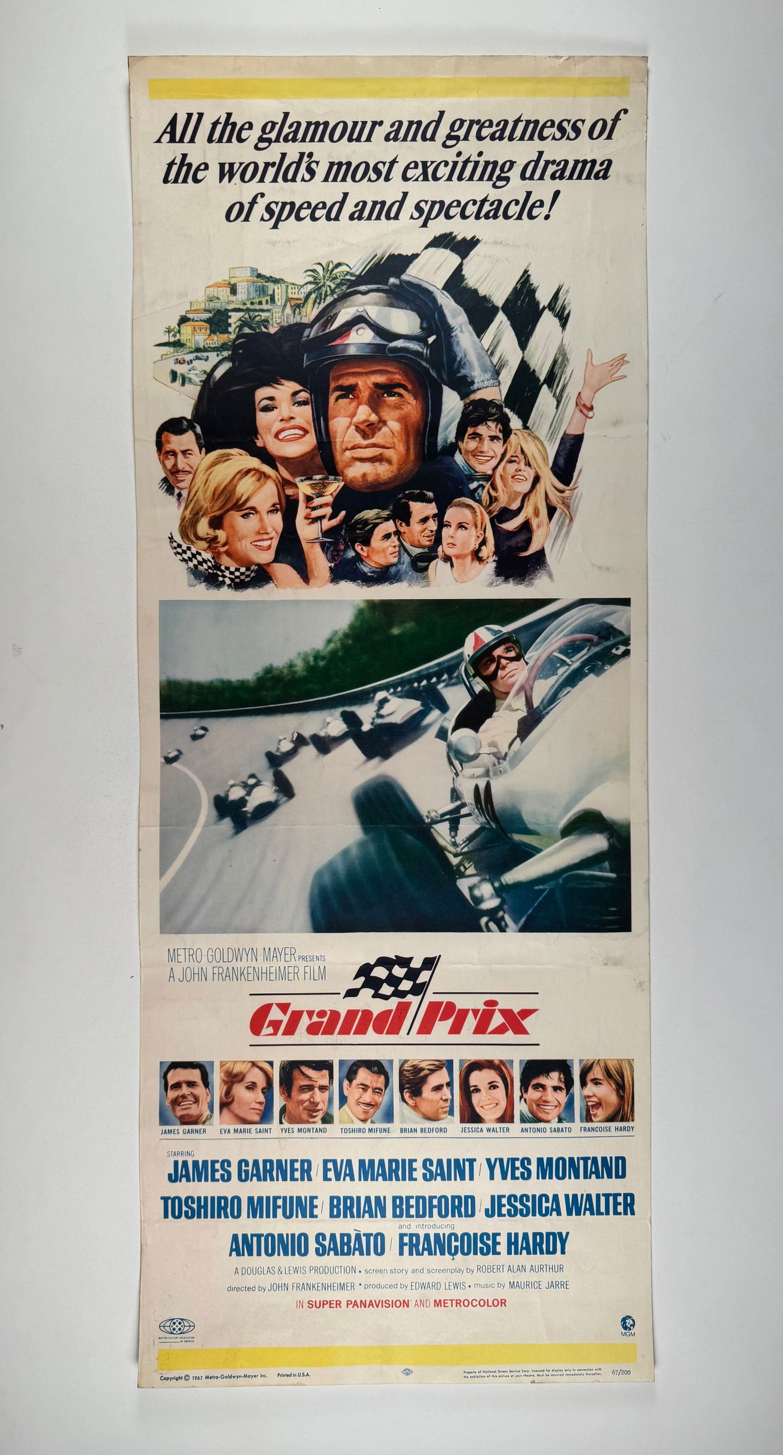 Grand Prix 1966 Vintage Movie Insert 14x36 Poster James Garner and Eva Marie Saint: Grand Prix is a 1966 American sports drama film directed by John Frankenheimer, produced by Edward Lewis, and written by Robert Alan Aurthur with uncredited story contributions by Frankenheimer and re