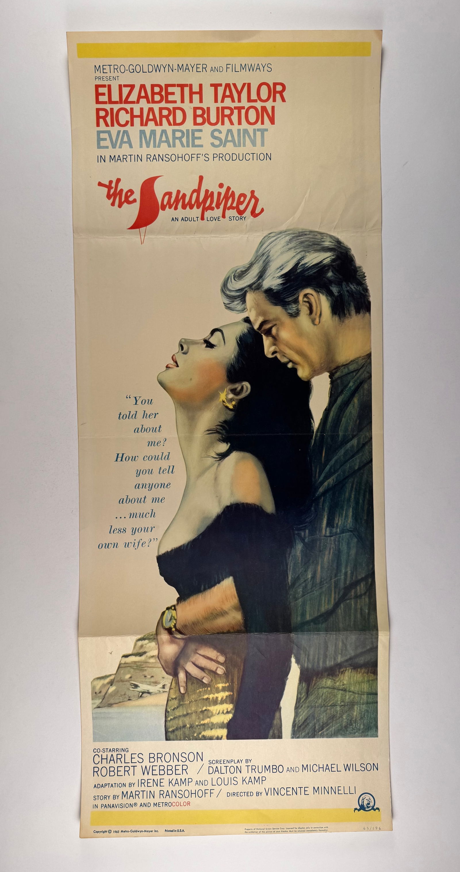 The Sandpiper 1 Vintage Movie Insert 14x36 Poster Elizabeth Taylor and Richard Burton: The Sandpiper is a 1965 American drama film directed by Vincente Minnelli and starring Elizabeth Taylor and Richard Burton, the third of eleven films starring the power couple.[3]