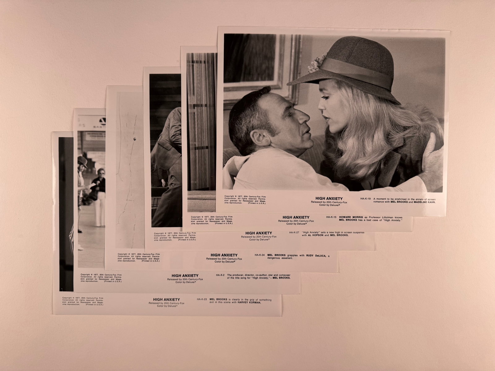 Lot of 6 High Anxiety Black and White Press Photos: High Anxiety is a 1977 American satirical comedy mystery film produced and directed by Mel Brooks, who also plays the lead. This is Brooks' first film as a producer and first speaking lead role (his f