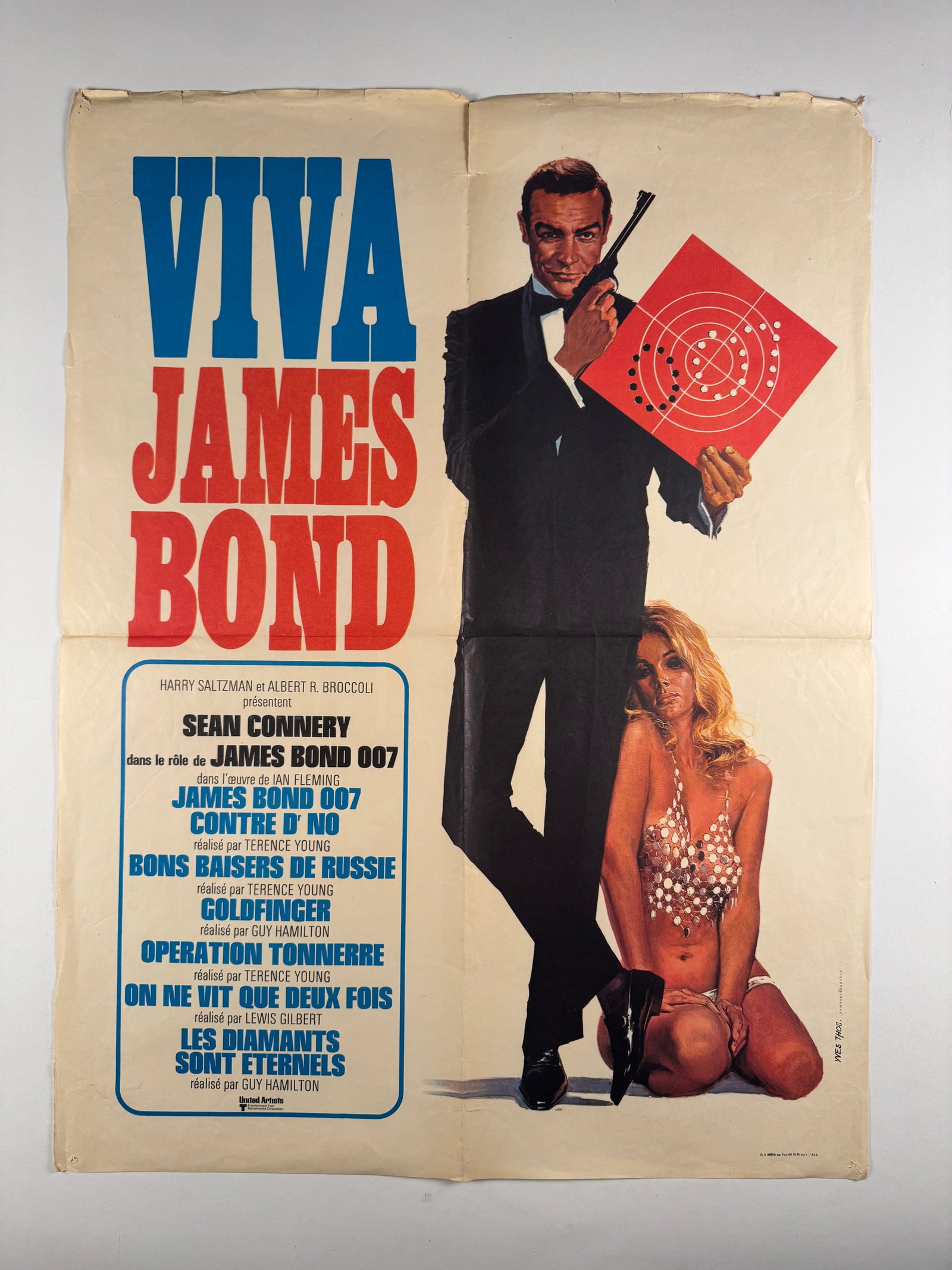 Viva James Bond 1970 Extremely Rare Uncensored French Folded Original Movie Poster 23.5x31: United Artists created special poster art for rereleases of individual Bond films and film festivals, which features an artist’s portrayal of Sean Connery as 007 with a scantily clad blonde kneeling