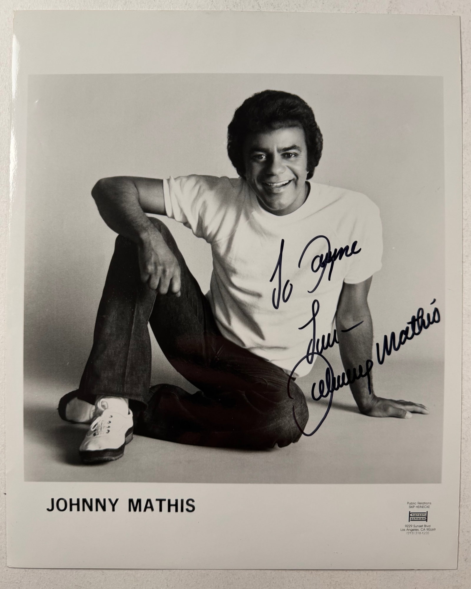 Johnny Mathis Autograph Inscibed to Jayne: John Royce Mathis (born September 30, 1935) is an American singer and is one of the best-selling recording artists of the 20th century. Starting his career with singles of standard music, Mathis becam