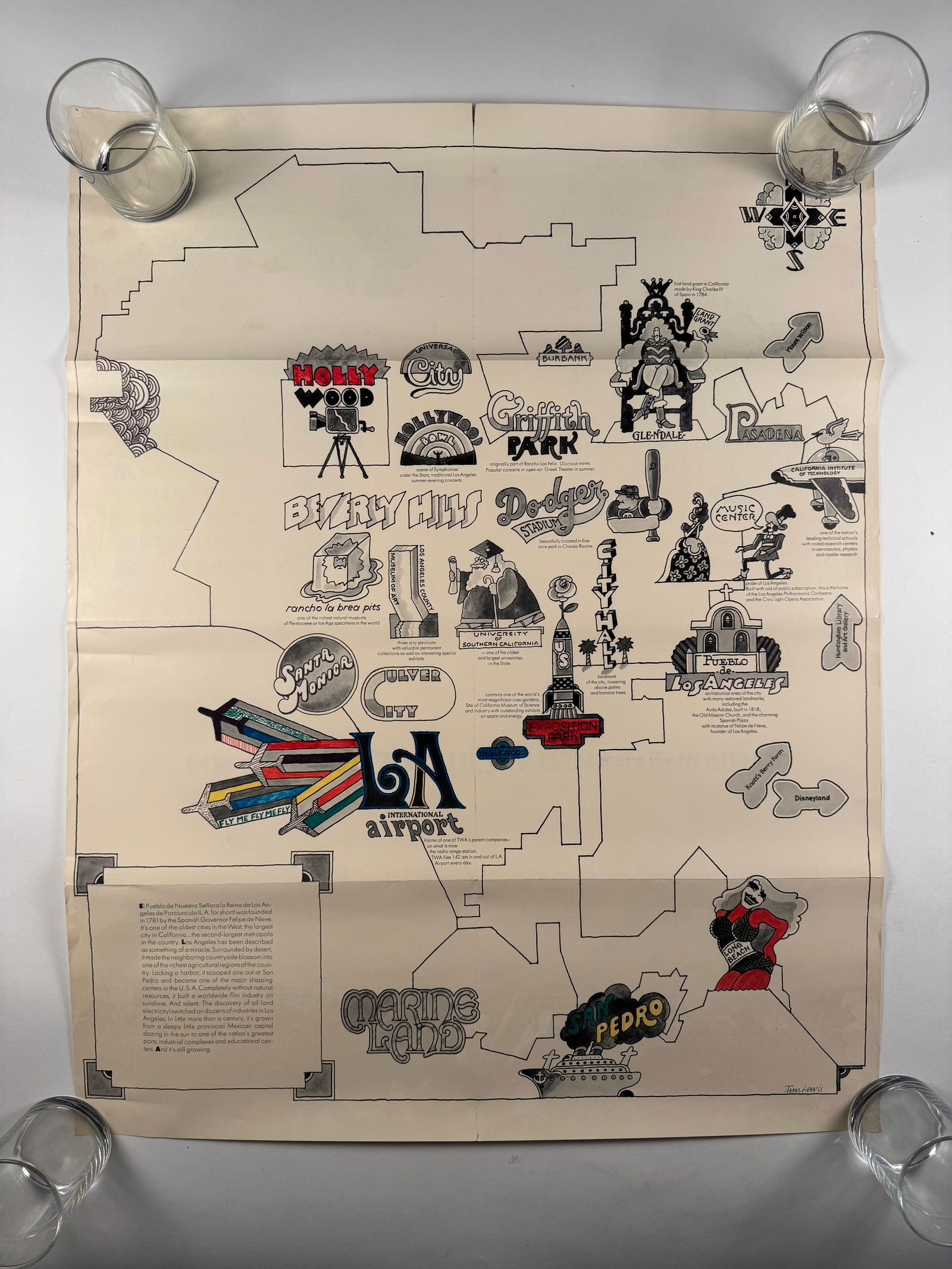 LA is the Center of the World Poster by Tim Lewis 25x32: This poster was found on a wall at an estate sale where it had been displayed for many years. Ships rolled.