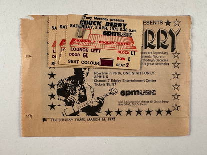 Two Chuck Berry 1975 Ticket Stubs from Edgley Center Australia: Two torn tickets for the Chuck Berry concert at Channel 9 - Edgley Center in Perth Australia.