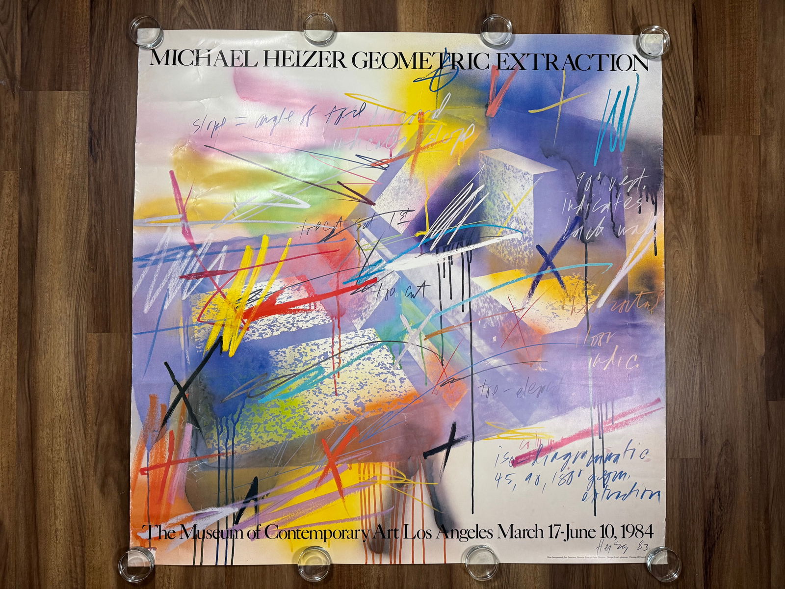Michael Heizer Geometric Extraction HUGE LACMA Museum Exhibition Poster 45.5"x45.5": Michael Heizer: Geometric Extraction Exhibition Poster. 1983. Lithograph in colors. Artwork has image of signature and date in the lower right but this is part of the image, not signed by the artist a