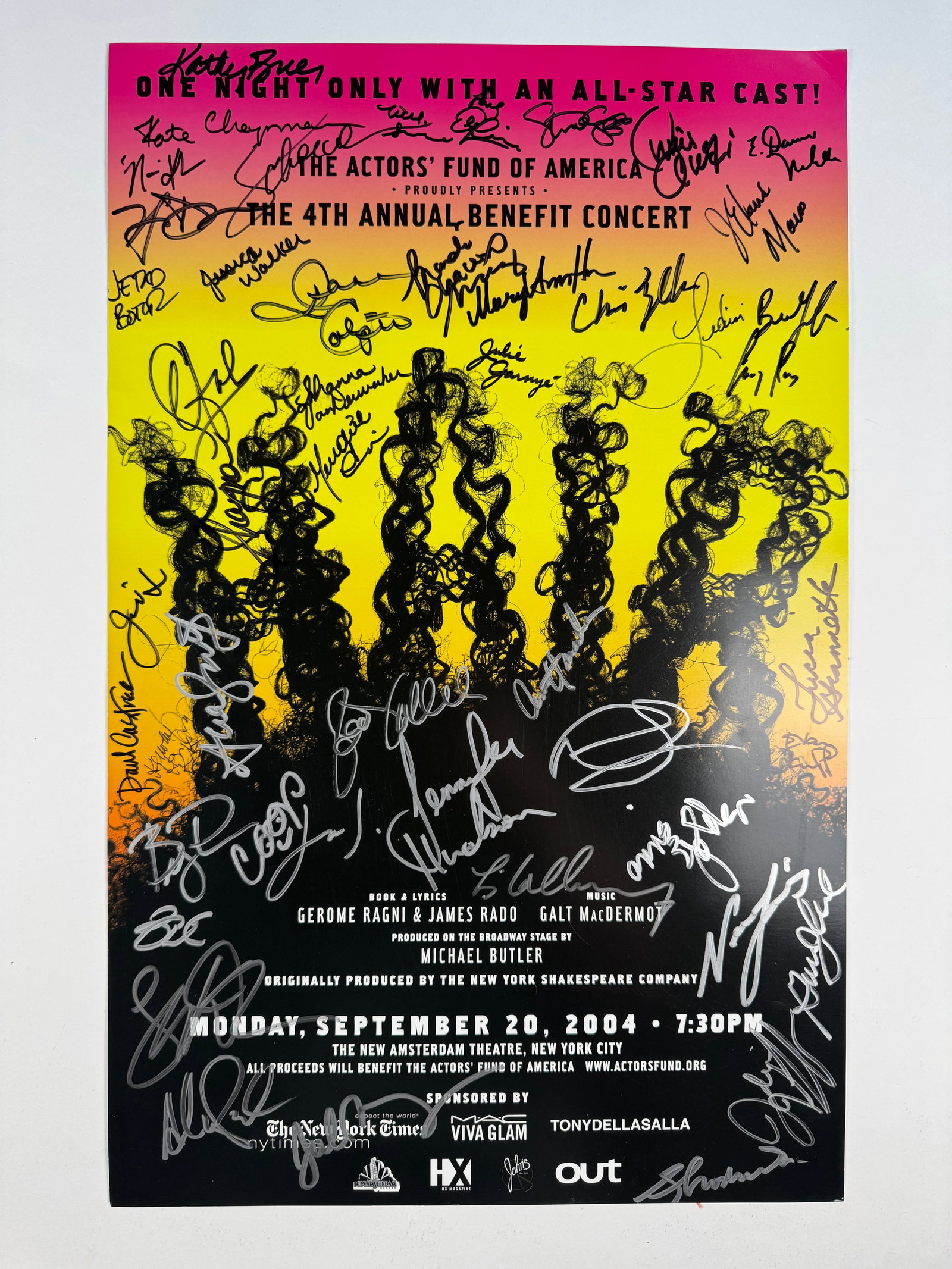 Hair Benefit Concert 2004 Cast Autograph Signed Broadway Window Card Original Poster Including: Gil had a ton of signed Broadway and theater memorabilia, most of which he won at benefit auctions. The Actors Fund of America presented an all-star benefit performance of the timeless and powerful mu