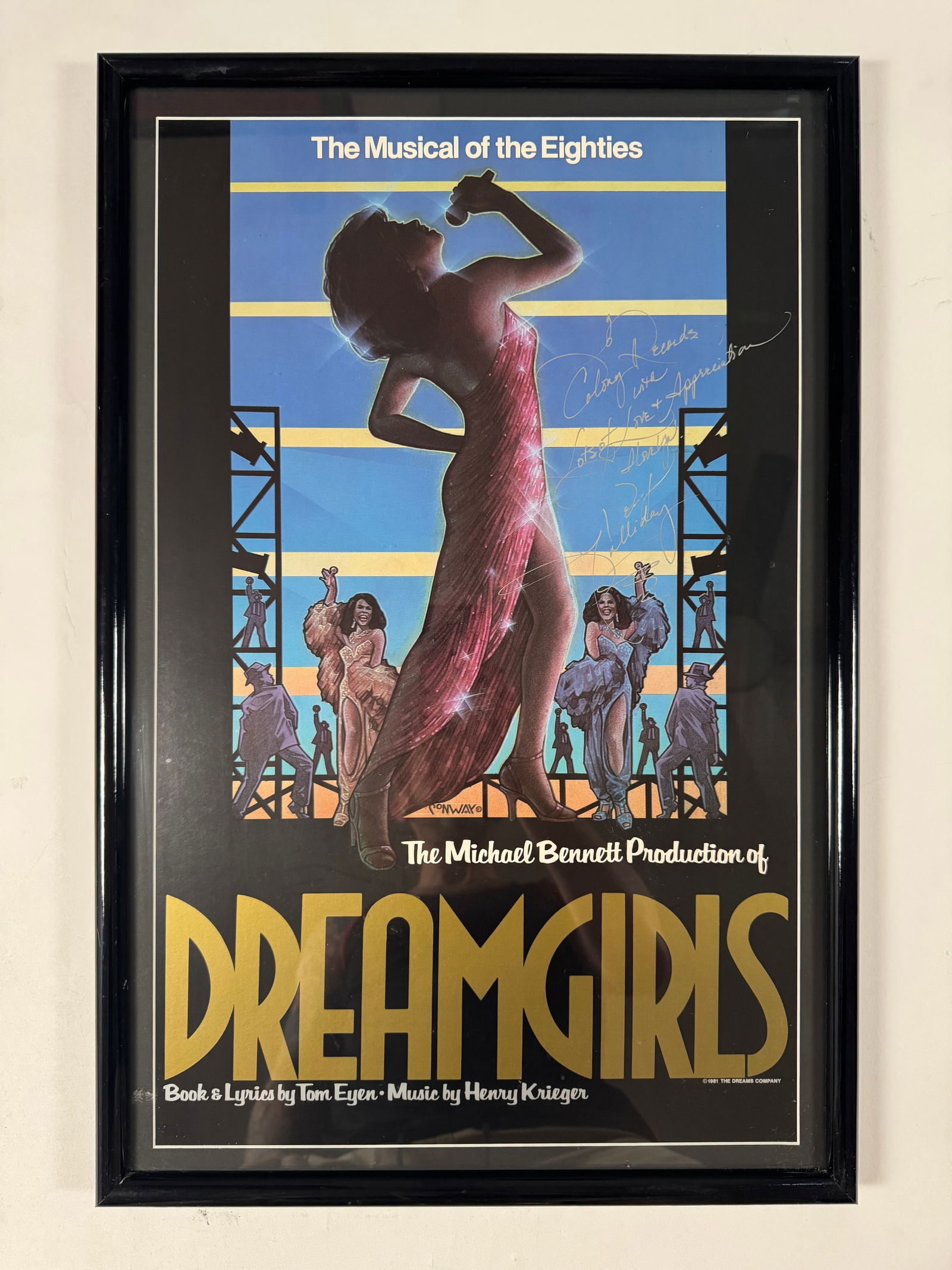 Dreamgirls Broadway Autograph Signed by Jennifer Holliday 14x22 Frame 16x24: Gil had a ton of signed Broadway and theater memorabilia, most of which he won at benefit auctions. Dreamgirls is a Broadway musical, with music by Henry Krieger and lyrics and book by Tom Eyen. Stage