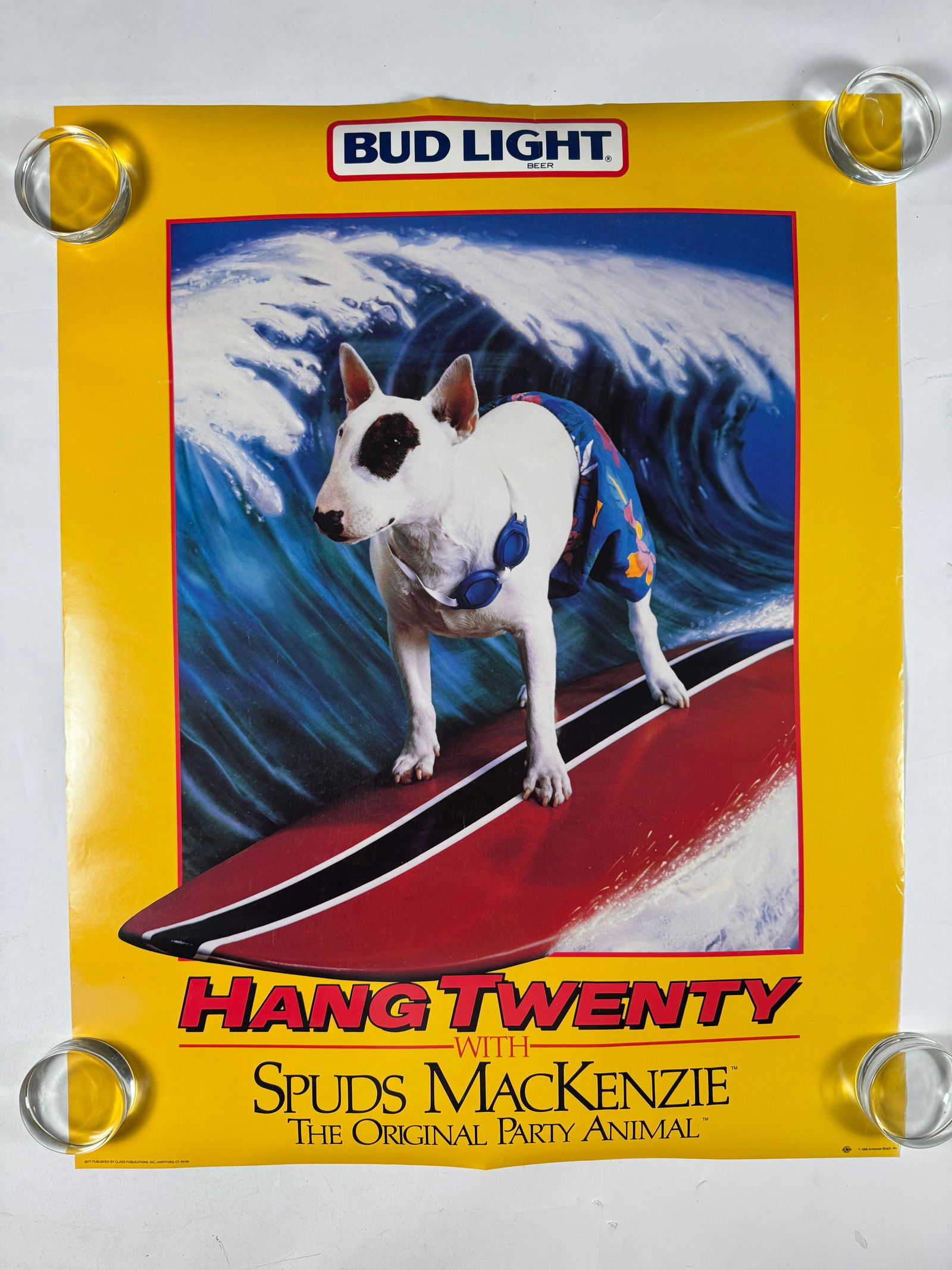 Bud Light Spuds MacKenzie Hang Twenty Poster, Original Party Animal, 1986, Yellow Version 22x28: Gil had a huge collection of original Spuds MacKenzie memorabailia.