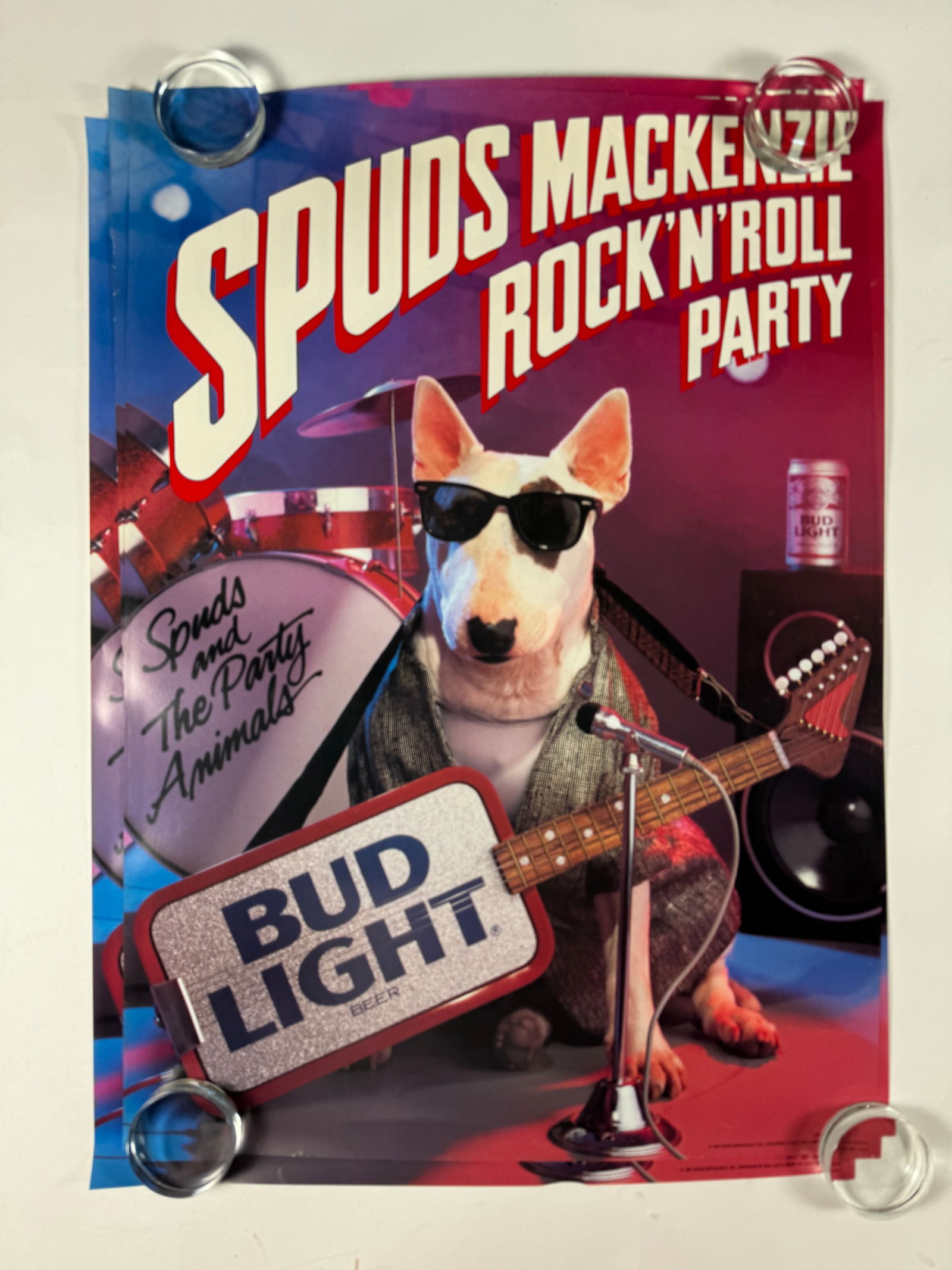 Lot of 3 Bud Light Spuds MacKenzie Rock and Roll Party Poster, 1987 20x28: Gil had a huge collection of original Spuds MacKenzie memorabailia.
