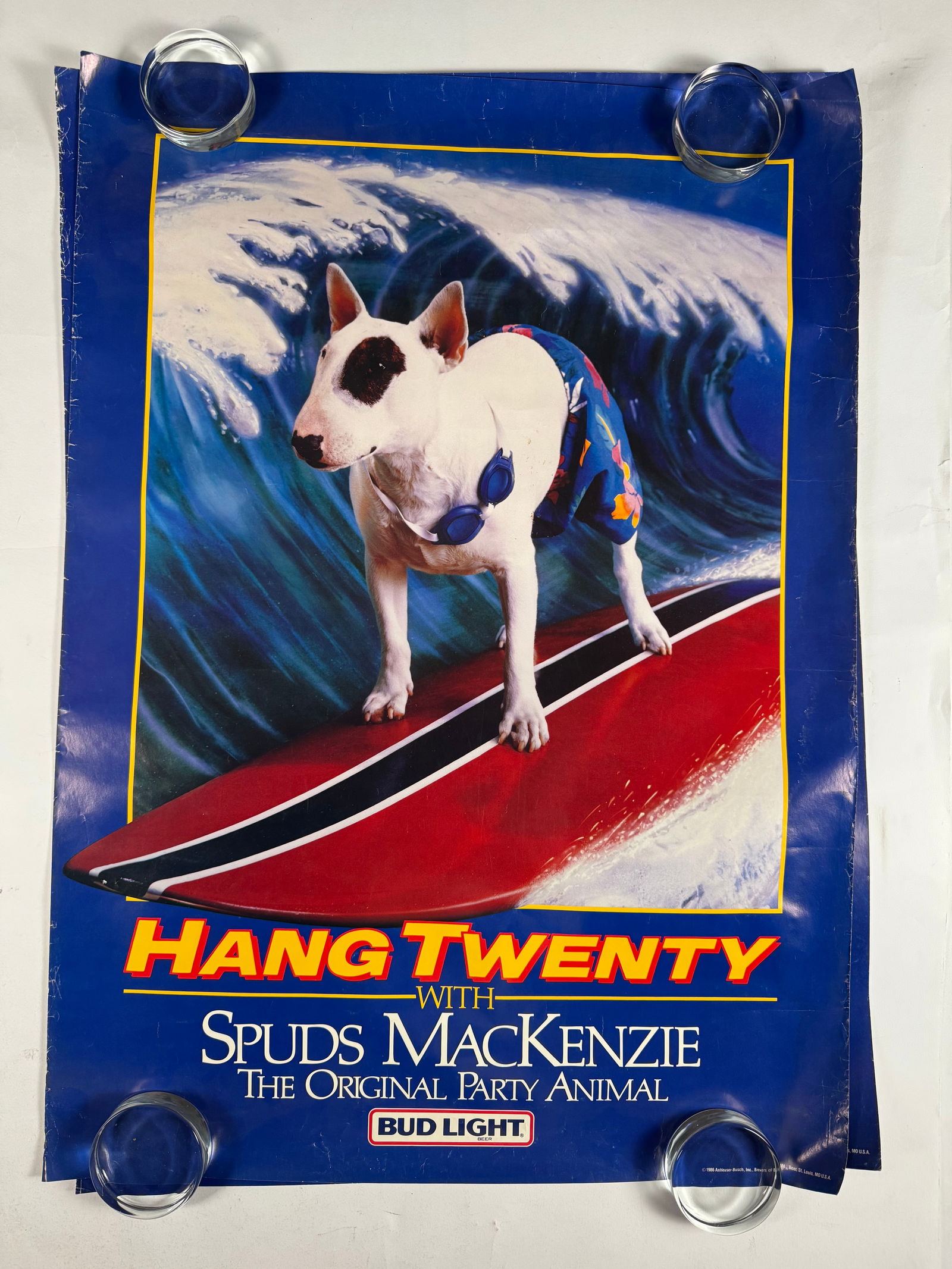 Lot of 2 Bud Light Spuds MacKenzie, Hang Twenty Poster, Original Party Animal, 1986, Blue Version: Gil had a huge collection of original Spuds MacKenzie memorabailia.