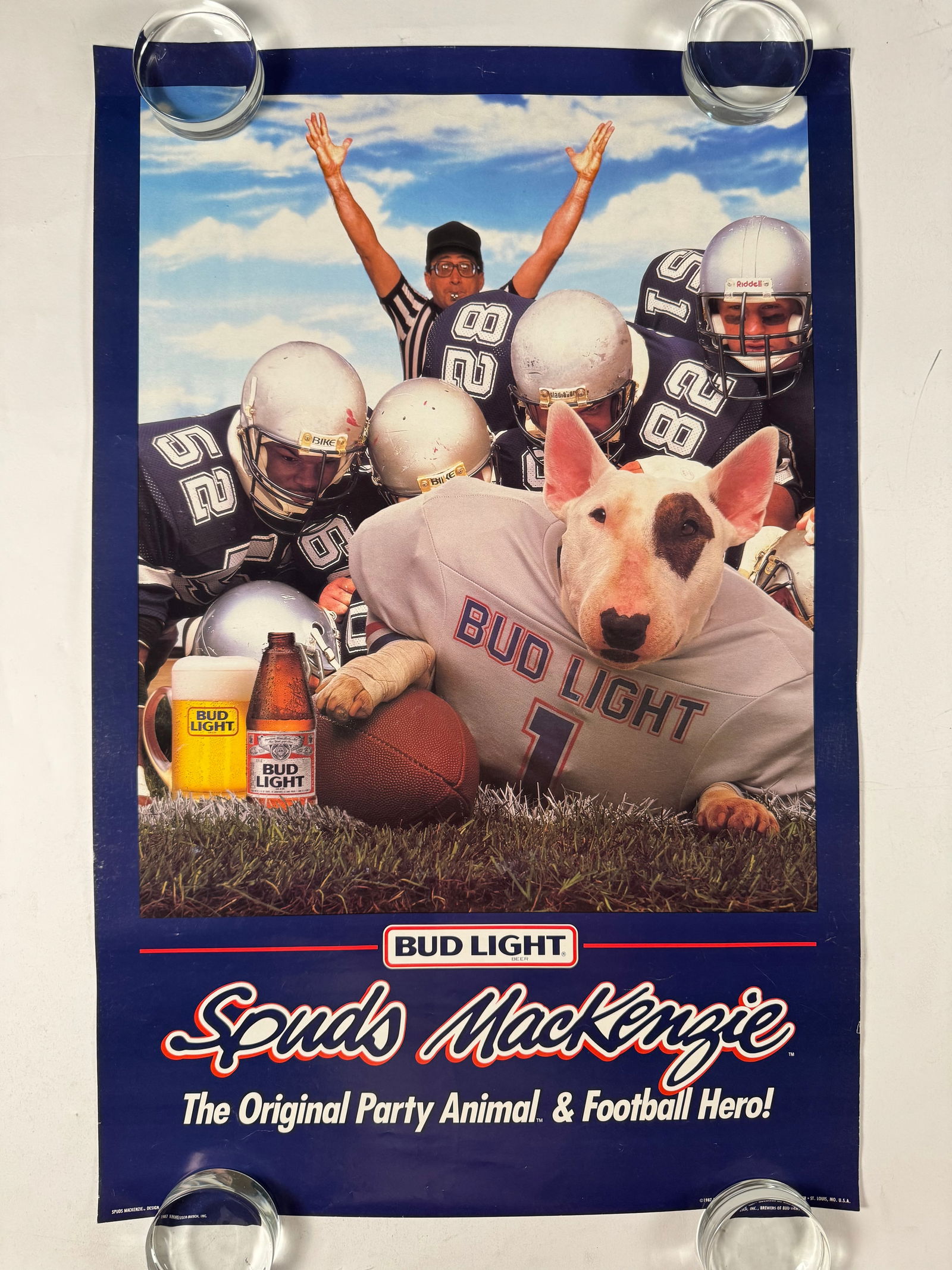 Bud Light Spuds MacKenzie, Football Hero Poster, 1987 17x26: Gil had a huge collection of original Spuds MacKenzie memorabailia.
