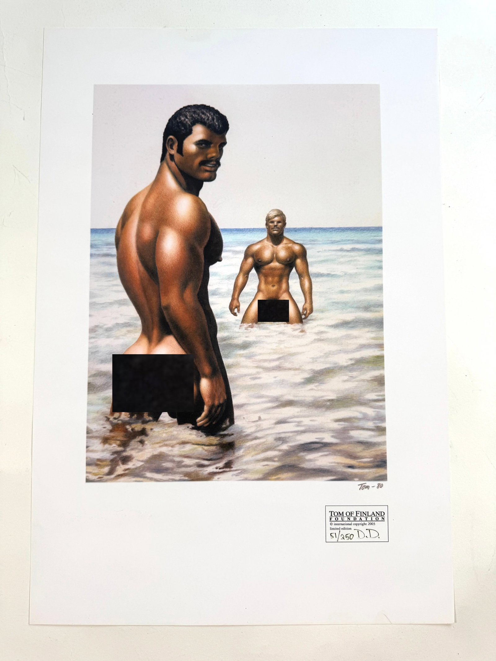 Tom of Finland Foundation 2003 Numbered Initialed Print "Hot Water" Lithograph 13x19: Paper accompanying the print reads: HOT WATER --- LIMITED EDITION LITHOGRAPHBY TOM OF FINLAND - DONATED BY THE TOM OF FINLAND FOUNDATION - #51 OF 250 PRINTED - ONLY 1 OF 100 SIGNED BY TOM OF FINLAND F