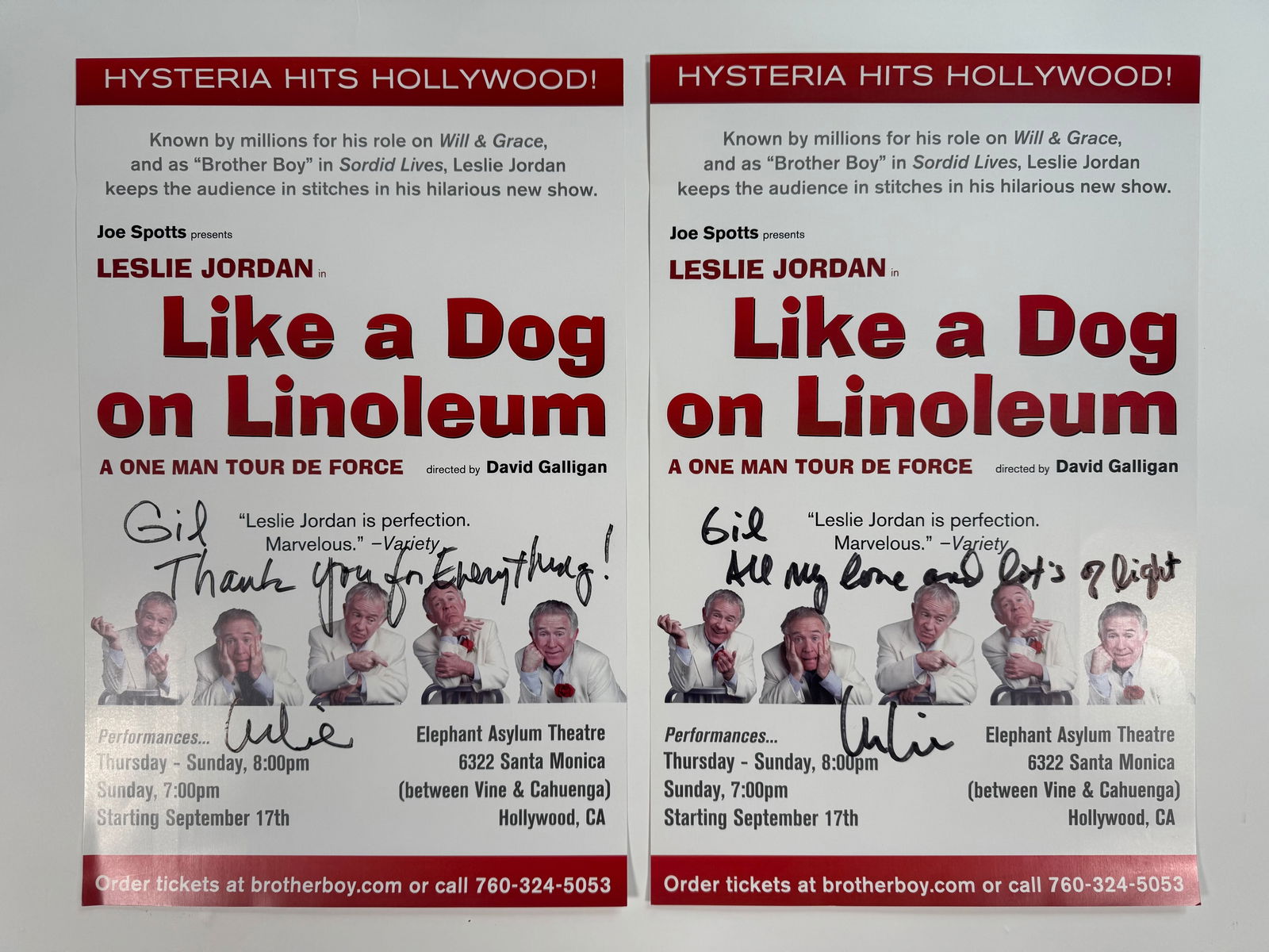 Lot of 2 Leslie Jordan in Like a Dog on Linoleum Signed and Inscribed to Gil 11x17: Poster reads: LESLIE JORDAN in Like a Dog on Linoleum: A ONE MAN TOUR DE FORCE directed by David Galligan. Note: we do not authenticate.