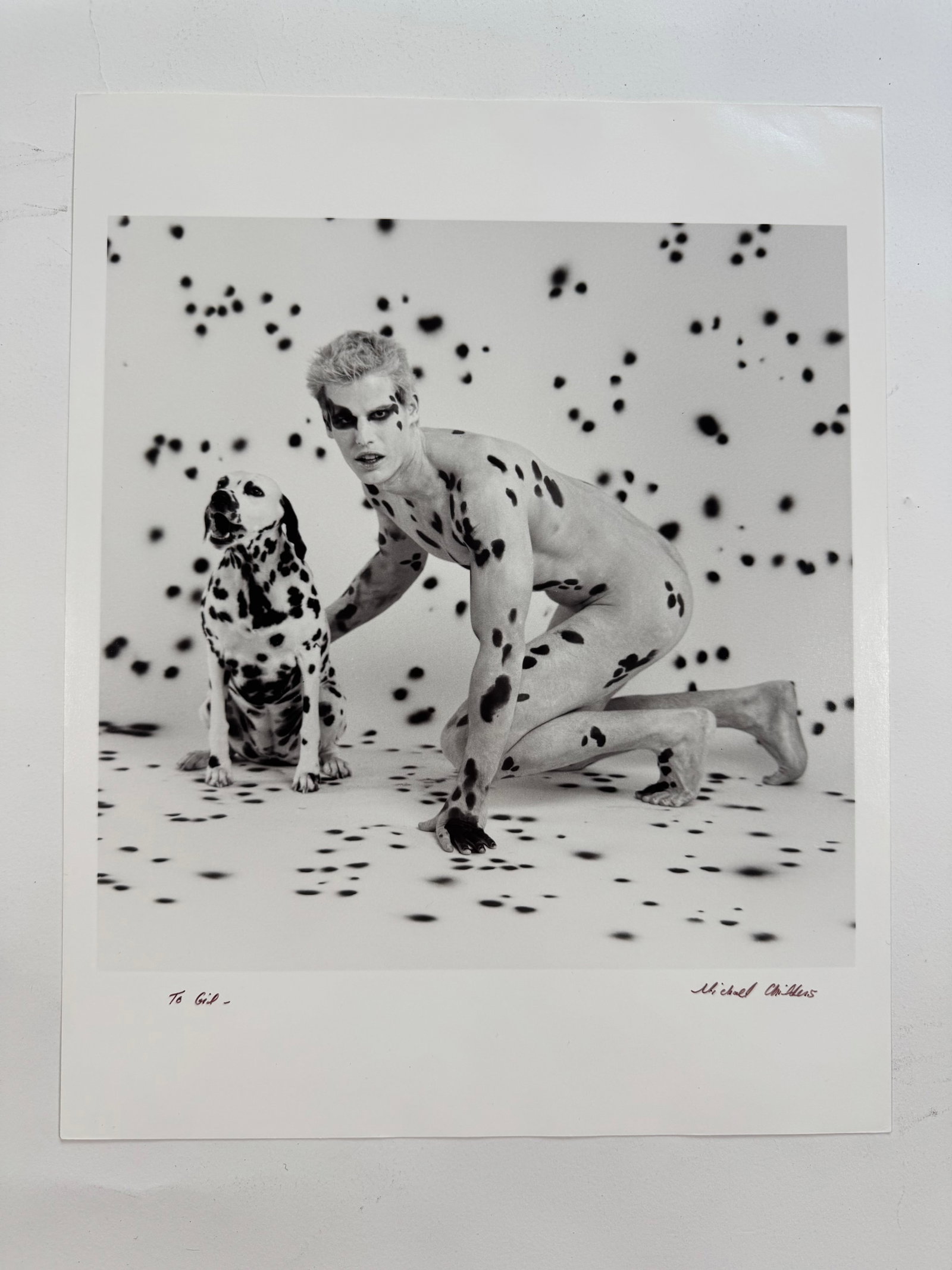 Michael Childers "Dalmation Boy with Dog" 1998 Original Photograph Signed and Endorsed Print 11x14: Michael Childers was a founding photographer for Andy Warhol's Interview and After Dark magazines, he has photographed over 200 magazine covers including GQ, New York, Esquire, Elle, Paris Match, Life