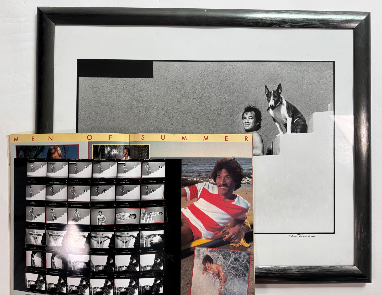 Tom Bianchi Original Signed Silver Gelatin Photograph Proof of Gil Kaan and Dog 19.5x15.5: Tom Bianchi photographed Gil in the early 2000s and gifted the proofs and contact sheets to Gil. Photo 19.5x15.5 Frame 22x18 - Also includes one contact sheet and Best of Playgirl issue with Gil Kaan'