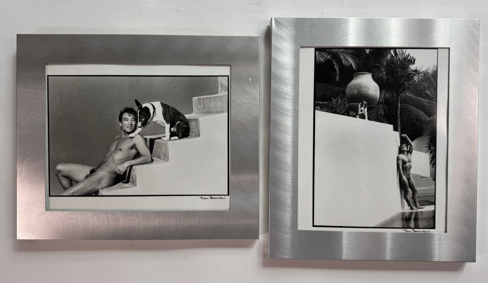 Tom Bianchi Original Signed Silver Gelatin Photograph Proof of Gil Kaan and Dog 10.5x13.5: Tom Bianchi photographed Gil in the early 2000s and gifted the proofs and contact sheets to Gil. Photo 10.5x13.5 Frame 15.5x16.5 - Also includes one contact sheet and a Playgirl issue with Gil Kaan's