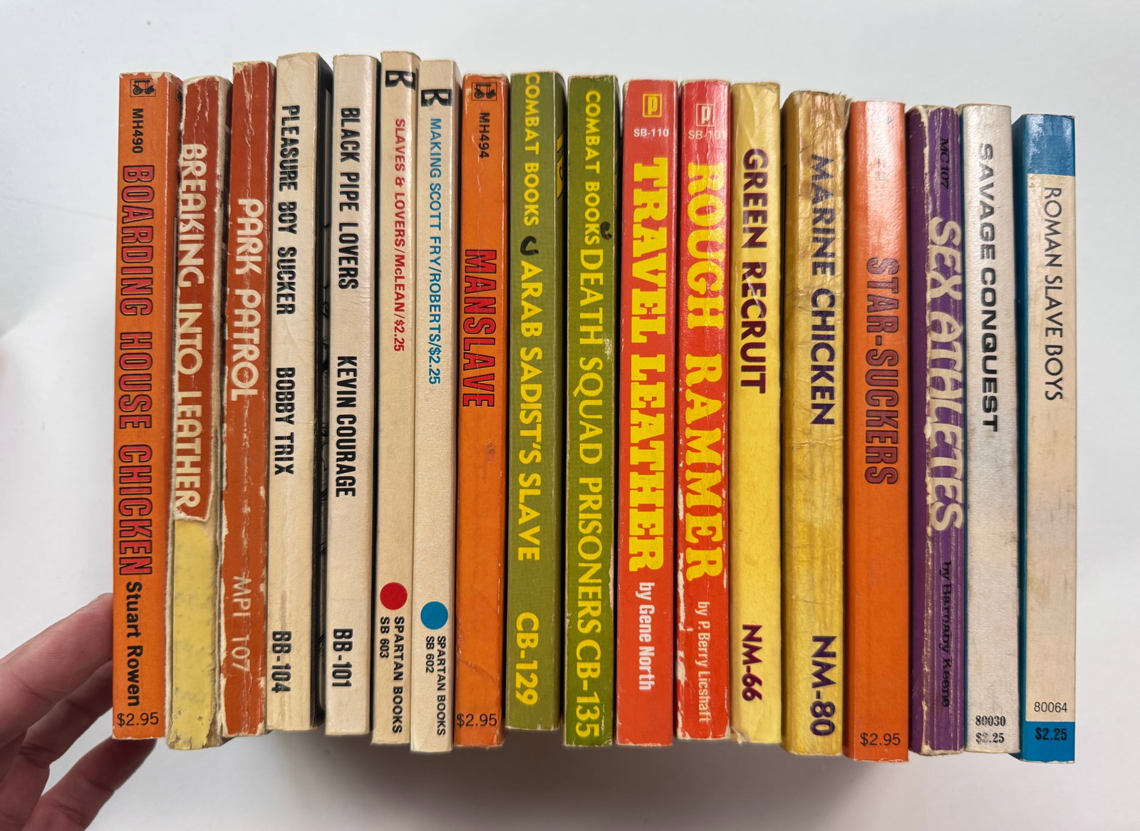 Lot of 18 Random Gay Pulp Fiction Paperbook Books: Gaytimes Book Club, Manhard, Masterpiece Classics, Blueboy Library, Spartacus, Spartan Books, Combat Books, Big Boy Series, Male Photo Illustrated