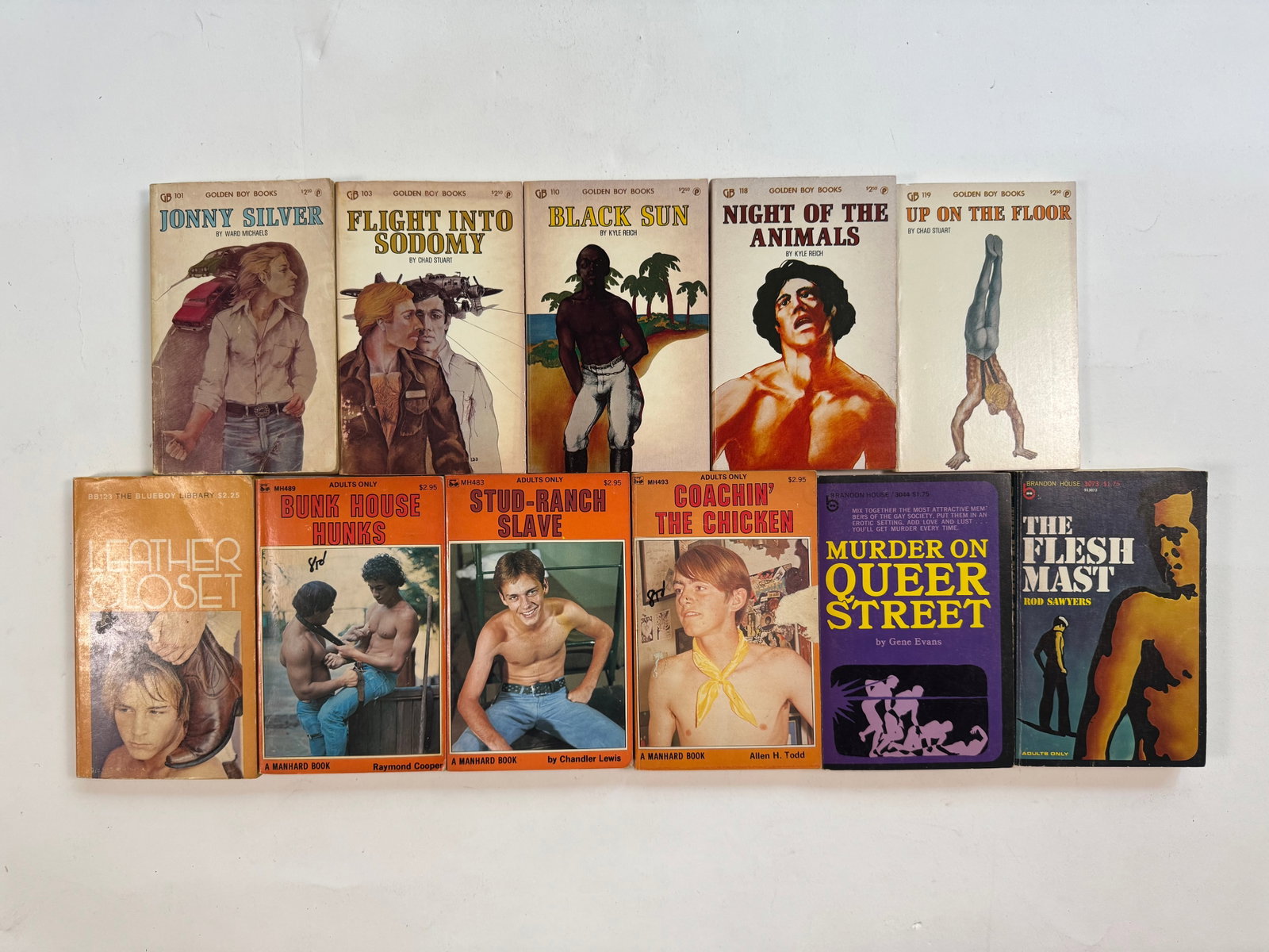 Lot of 11 Random Gay Pulp Fiction Paperbook Books: Golden Boy Books - 101 103 110 118 119 Blueboy Library BB123 - Manhard 489 483 493 - Brandon House 3044 3073