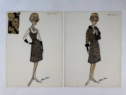 Lot of 2 Jean-Louis Signed Original 1964 Fashion Drawings of Dody Goodman: From the 1964 film Bedtime Story with Marlon Brando and David Niven. Note: we do not authenticate.