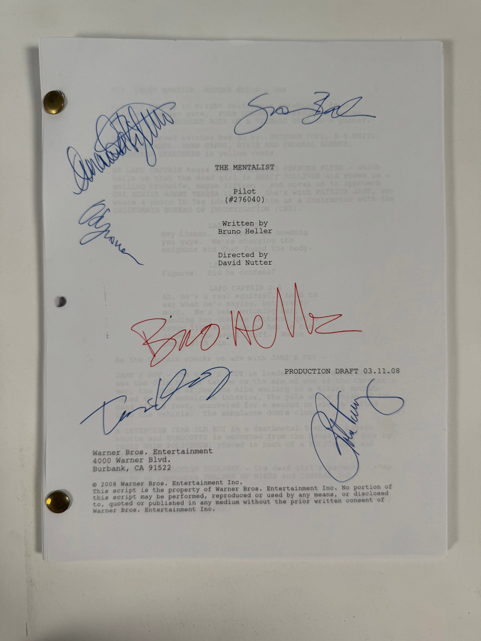 Original Signed Script for The Mentalist, "Pilot" March 11,2008 (1 of 4)