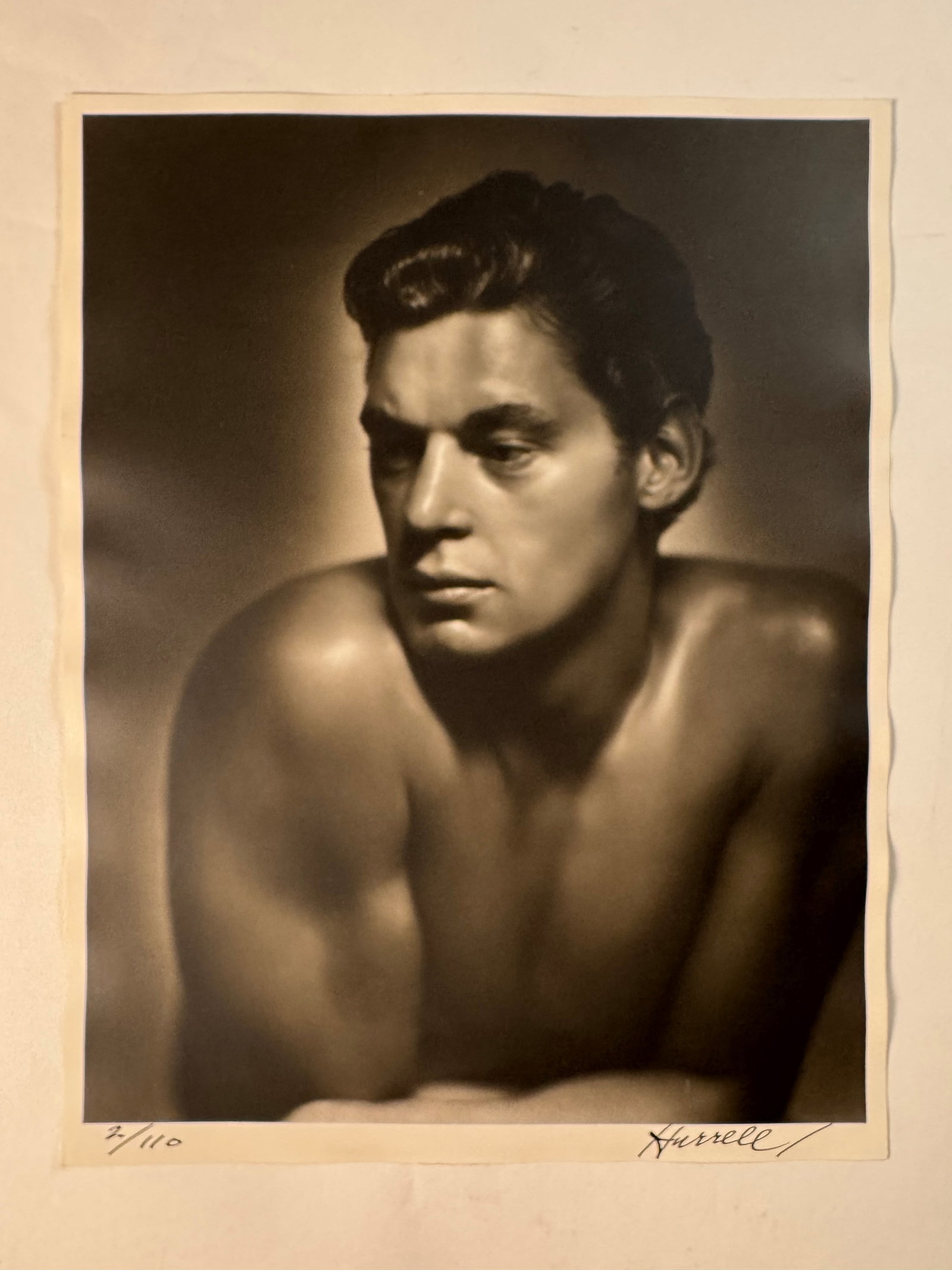Johnny Weismuller Portrait Signed and Numbered by George Hurrell 11x14 Original Print: Johnny Weissmuller was a Hungarian-born German American Olympic swimmer, water polo player and actor. Following his retirement from swimming, Weissmuller played Tarzan in twelve feature films from 193
