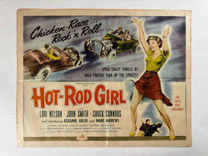 Hot-Rod Girl 1956 Original Rare Half Sheet Movie Poster American International Poster (AIP) 28"x22": Hot Rod Girl is an independent, black-and-white 1956 teen-oriented action film produced by Norman T. Herman, directed by Leslie H. Martinson and released by American International Pictures as a double