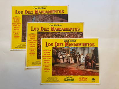 Lot of 3 Ten Commandments 1956 Original Movie Mexican Lobby Cards 11x14: The Ten Commandments is a 1956 American epic religious drama film produced, directed, and narrated by Cecil B. DeMille, shot in VistaVision (color by Technicolor), and released by Paramount Pictures.