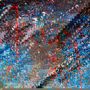 Davood Roostaei (1959-2023) "Dance of Love" 1996 Poster 24.5x36": This poster (3 of 4 in the series) was produced in 1996 by Roostaei for an exhibition in Monaco. It features Dance of Love (1995), a breathtaking painting that encapsulates the emotional intensity and