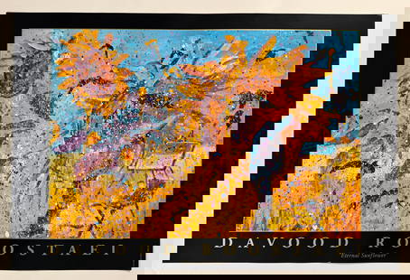 Davood Roostaei (1959-2023) "Eternal Sunflower" 1996 Poster 24.5x36": This poster (2 of 4 in the series) was produced in 1996 by Roostaei for an exhibition in Monaco. It features an image of his painting Eternal Sunflower (1995), a radiant and evocative work that reflec
