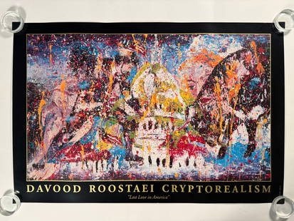 Davood Roostaei (1959-2023) "Lost Love in America" 1996 Poster 24.5x36": This poster (1 of 4 in the series) was produced in 1996 by Roostaei for an exhibition in Monaco. It features an image of his painting Lost Love In America (1992), a poignant and powerful work that ref
